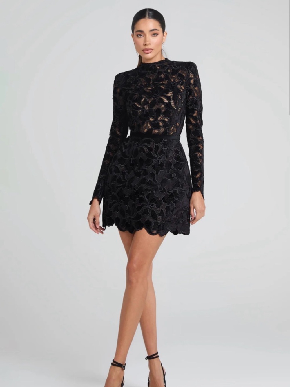 Nadine Merabi Black Lace Long-Sleeve Mini Dress